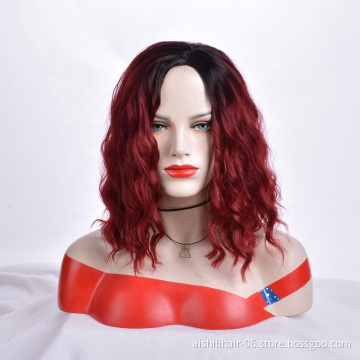 aishili Hair Hot Selling Synthetic Short Ombre Red Bob Wigs Afro Short Curly Wavy Bob Wigs For Black Women